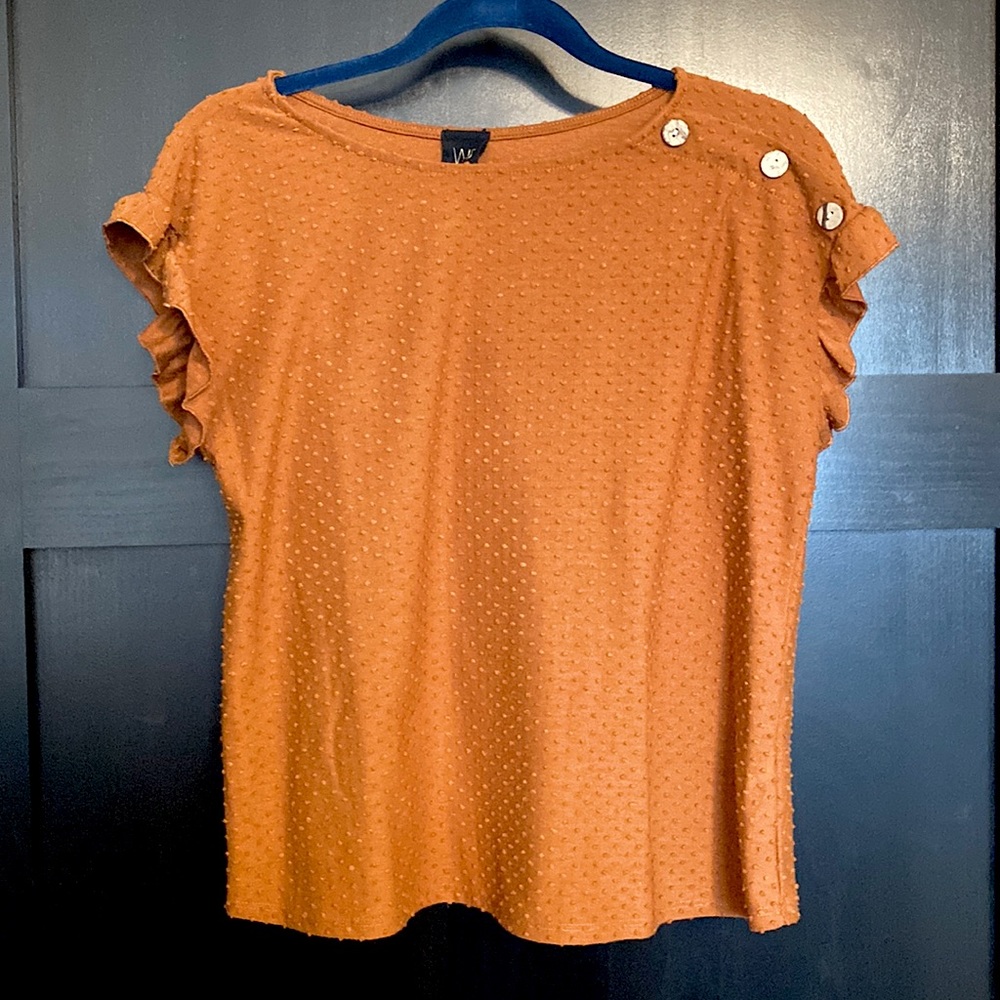 Orange, textured, short-sleeve ruffle top